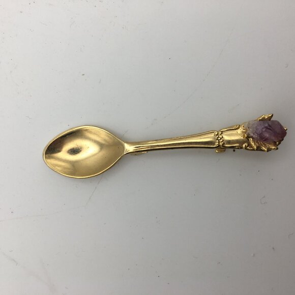 Vintage Small Gold Tone Spoon Pin Brooch Jewelry Amethyst Maple Leaf 2 1/2" - Picture 7 of 11